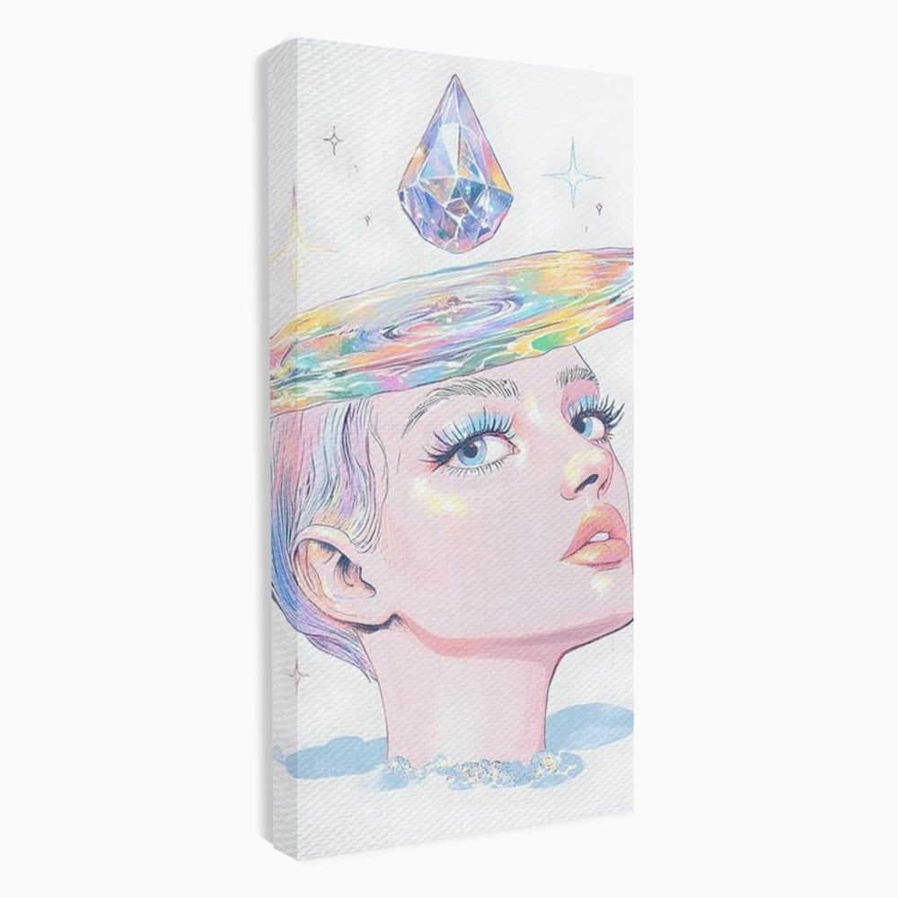 Tablou canvas cu ilustratie cu portret de femeie si galaxie, fara rama, pe sasiu de lemn